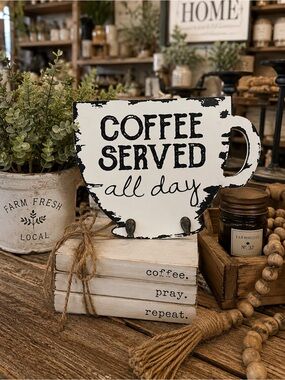 Creative Co-Op White Coffee Served All Day Wall Hook Sign